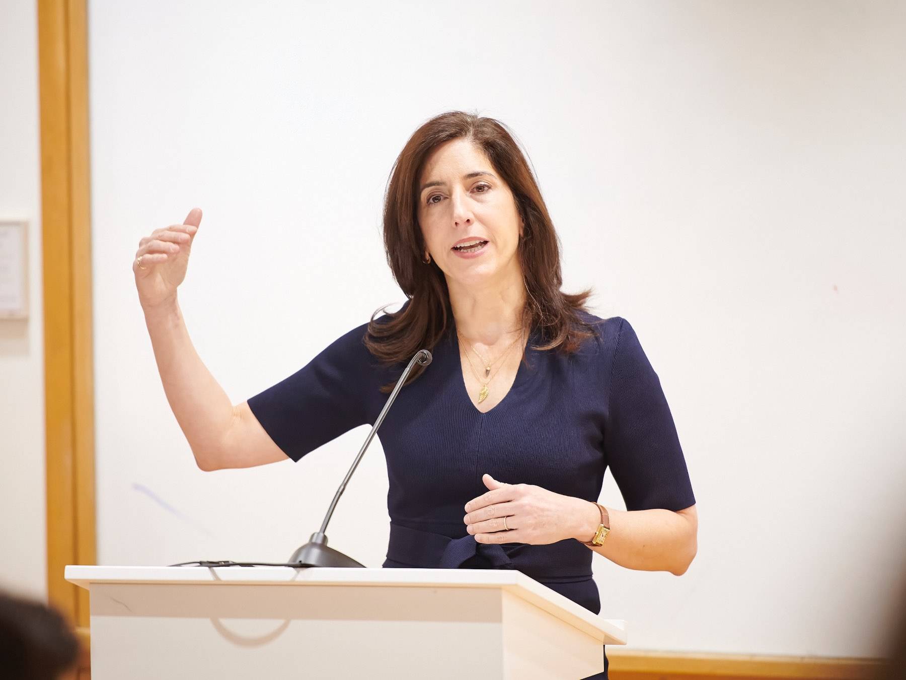 Global business columnist Rana Foroohar speaks at the first of the Lampert Institute’s spring lecture series on Feb. 6, 2023. 
