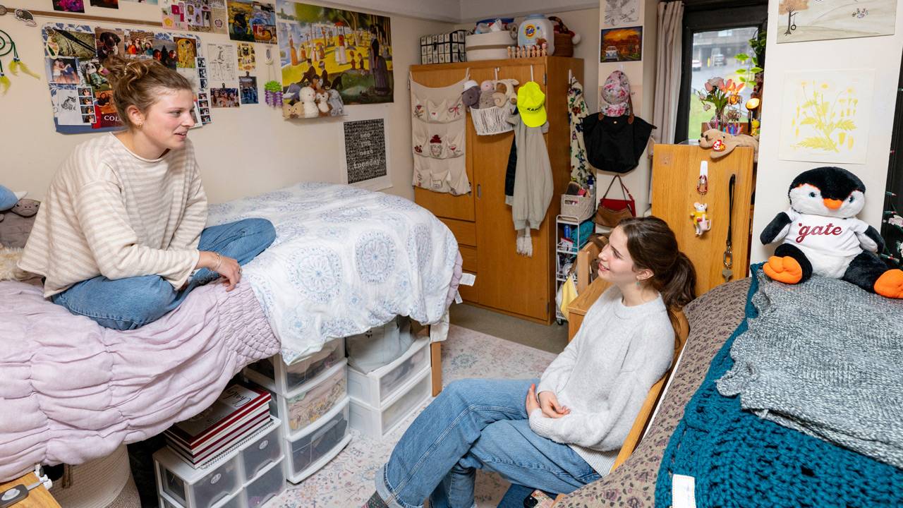Two roommates talk in their room