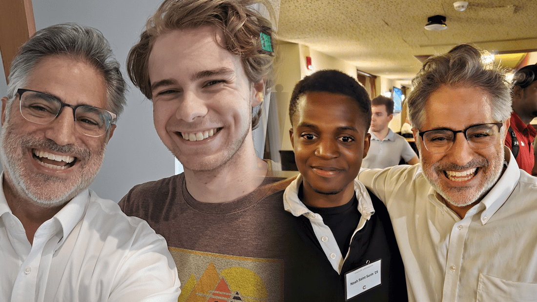 Side by side photos of alum Ken Carter '92 with Mark Attar ’25 and Noah Saint Surin ’25