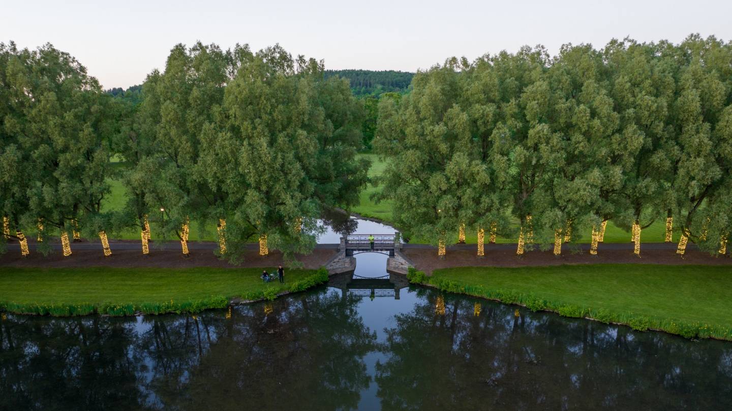 Drone image of Willow Path with lights