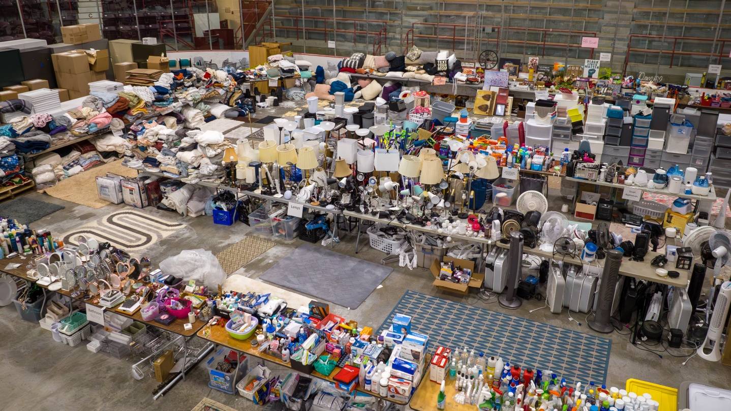 Drone image of Starr Rink filled with salvaged items
