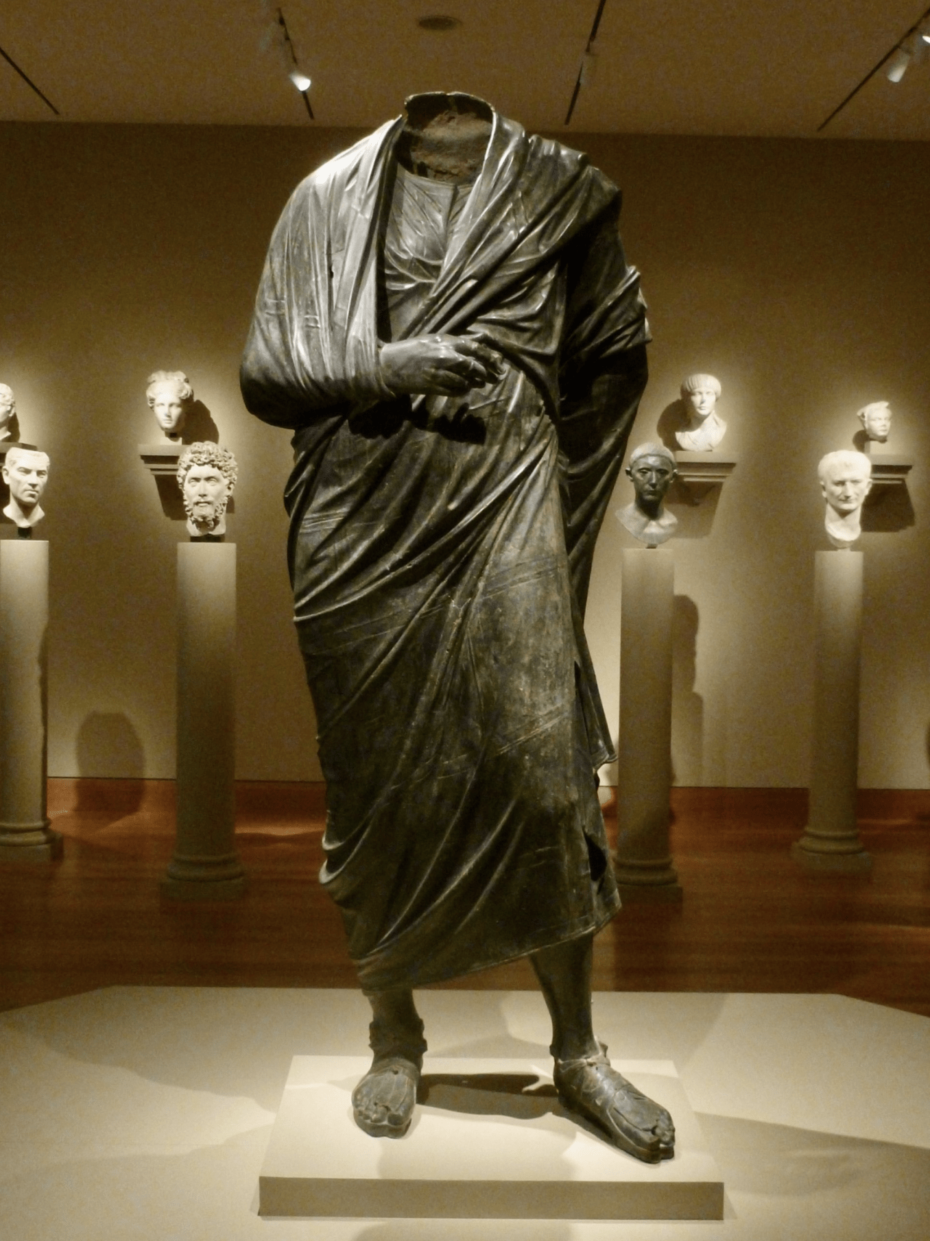 The Emperor as Philosopher, probably Marcus Aurelius, circa 180–200 CE. Turkey, Bubon(?) (in Lycia), Roman, late 2nd Century. Bronze, hollow cast in several pieces and joined; overall: 76 inches. The Cleveland Museum of Art, Leonard C. Hanna, Jr. Fund 1986.5 (photo Elizabeth Marlowe/Hyperallergic)