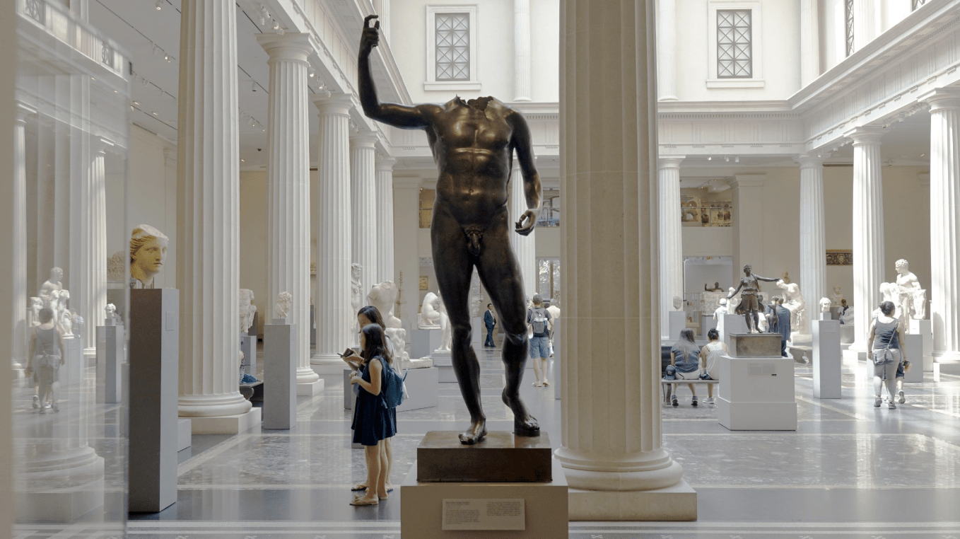 Bronze statue of a nude male figure, Greek or Roman, Hellenistic or Imperial, circa 200 BCE.-circa 200 CE, Anonymous loan, 2011 (L.2011.4) (photo by Steven Zucker)