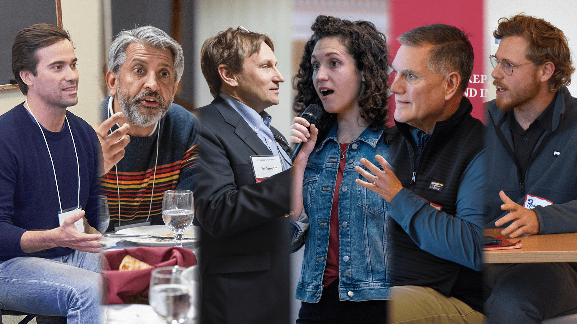 This composite image features six vertical panels showing various professionals engaged in conversation and networking at a "SophoMORE Connections" event. The individuals, representing a diverse range of ages and backgrounds, are shown speaking into microphones, gesturing during discussions, or listening intently in a collaborative collegiate setting.