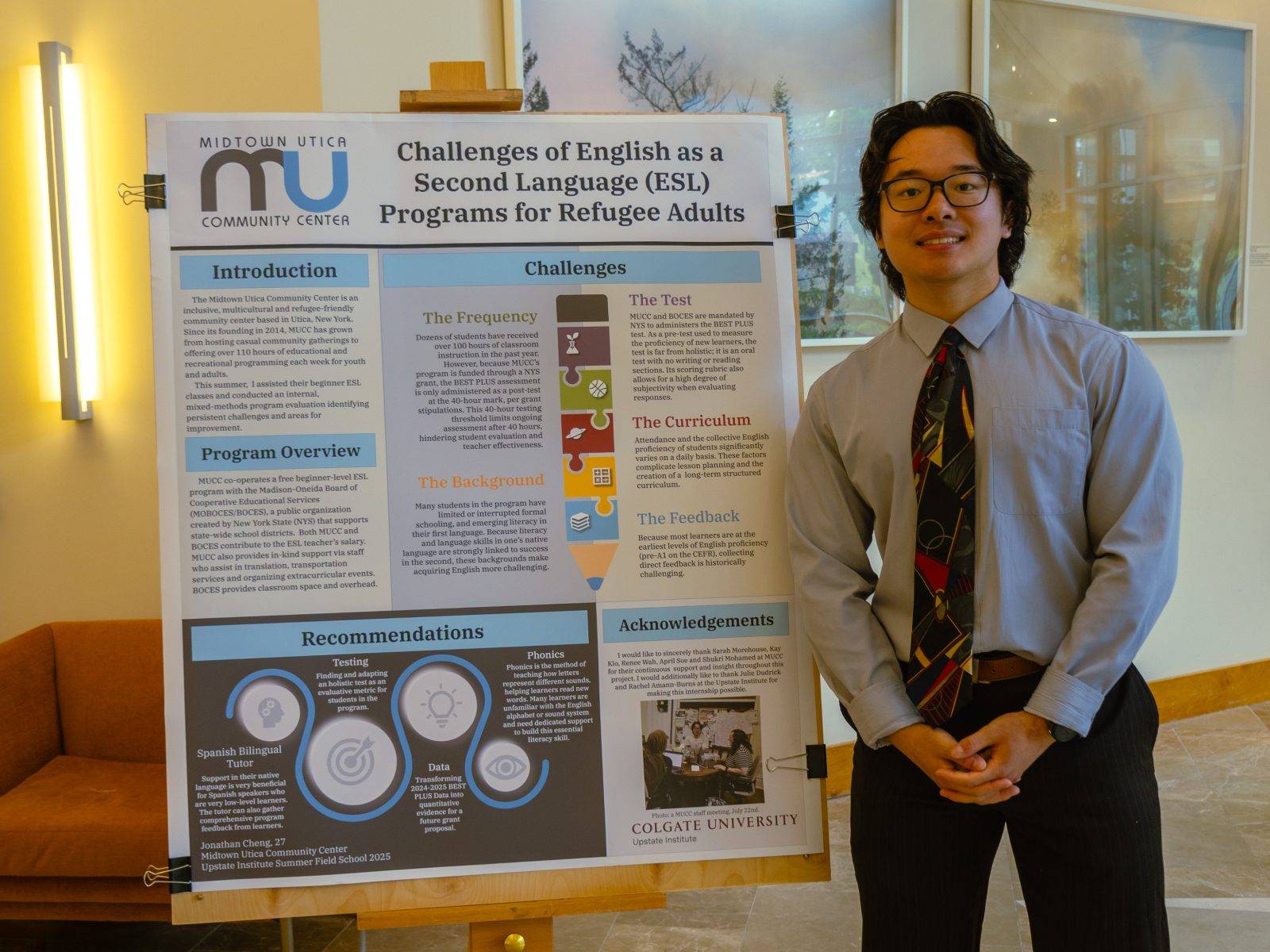 Jonathan Cheng ’27 at a poster session July 25, presenting about his work with the Midtown Utica Community Center for the Upstate Institute Summer Field School.