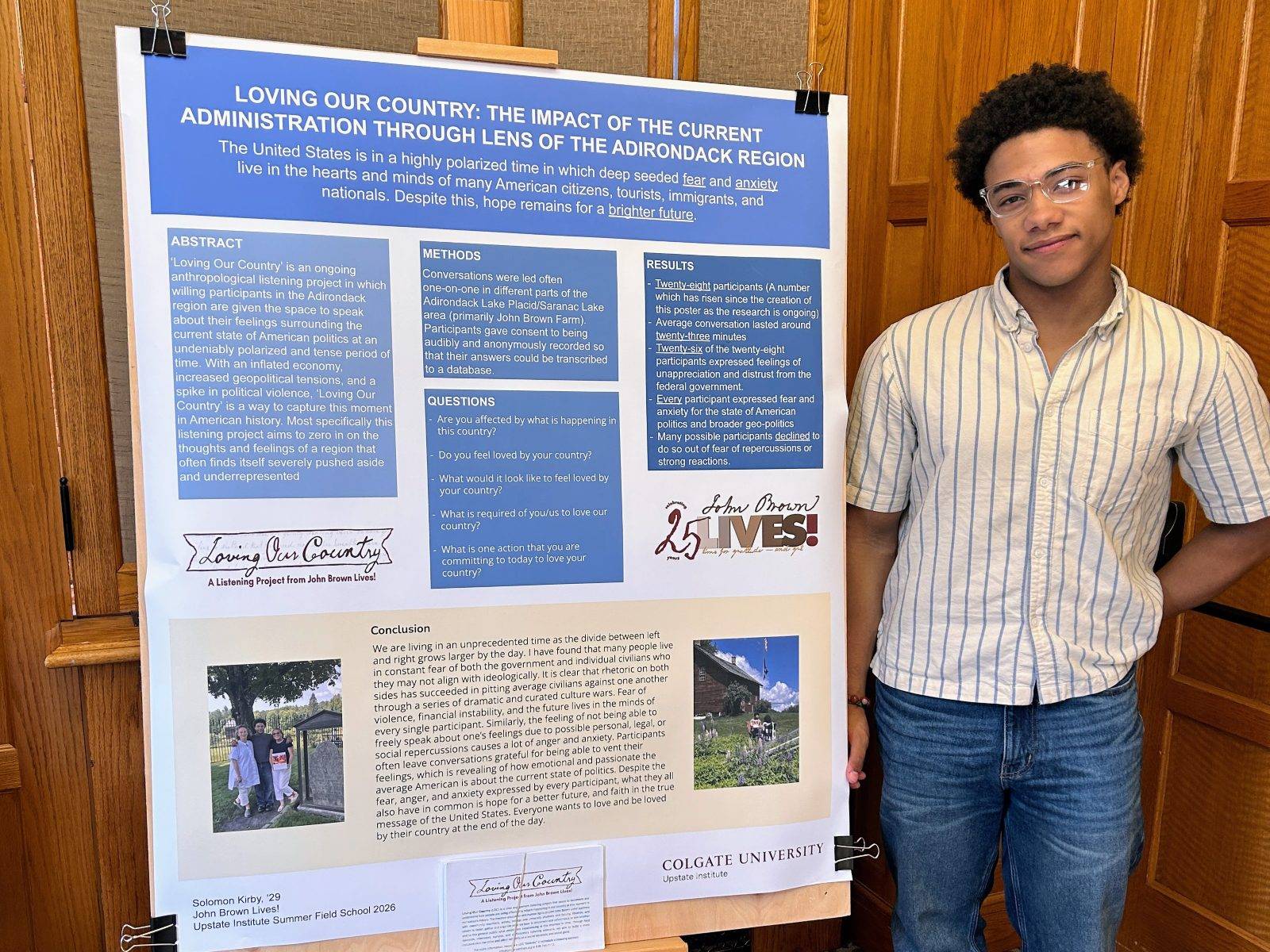 Solomon Kirby ’29 worked with the non-profit organization John Brown Lives on an  anthropological survey conducting interviews for its “Loving Our Country” project as part of his Upstate Institute Summer Field School Fellowship.