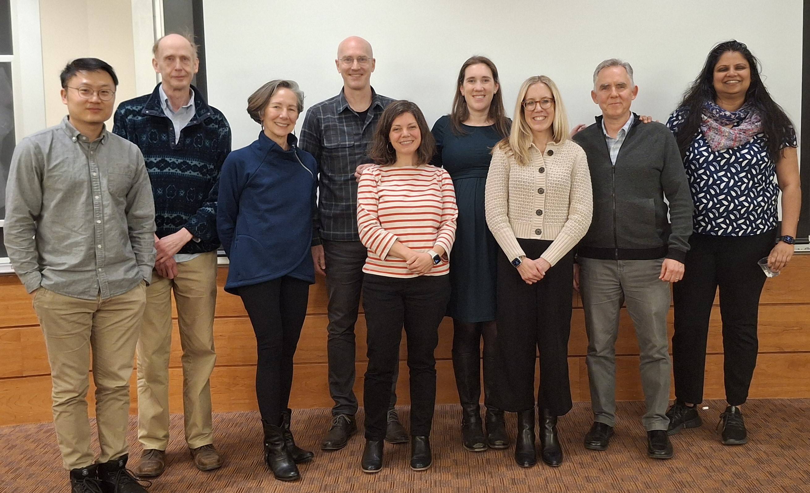 Faculty attending Gould Lecture.  L-R: Professors Xiaozhong Sun, William Meyer, Madeline Hamlin, Anne Bonds, Peter Klepeis, Adam Burnett, Parvathy Binoy.