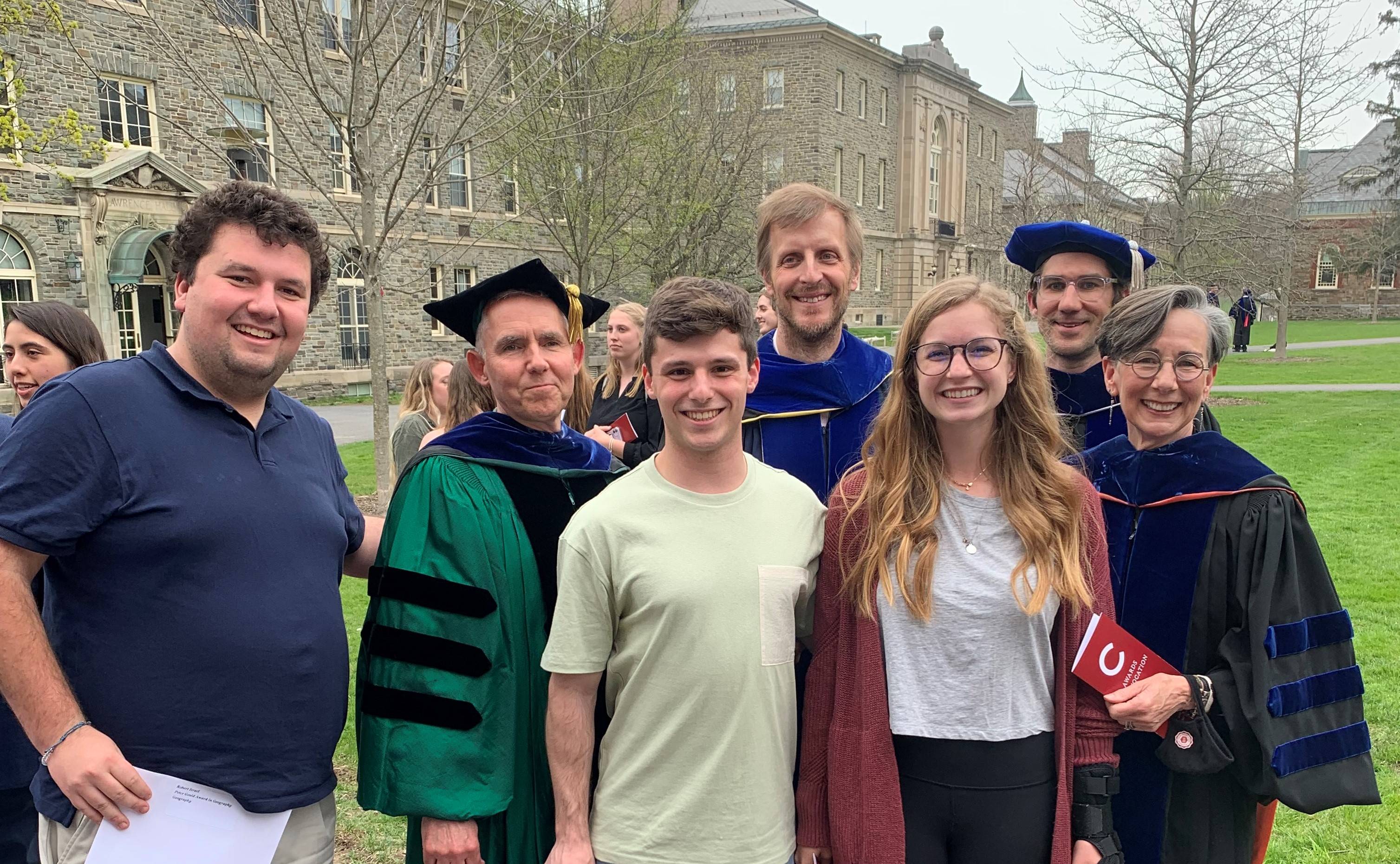 Geography Department faculty and awards winners. (l-r) Rob Israel ’22, Professor Adam Burnett, Joseph Berberich ’24, Professor Peter Scull, Emily Balog ’24, Professor Michael Loranty, Professor Maureen Hays-Mitchell. Missing: Anna Duerr ’22.