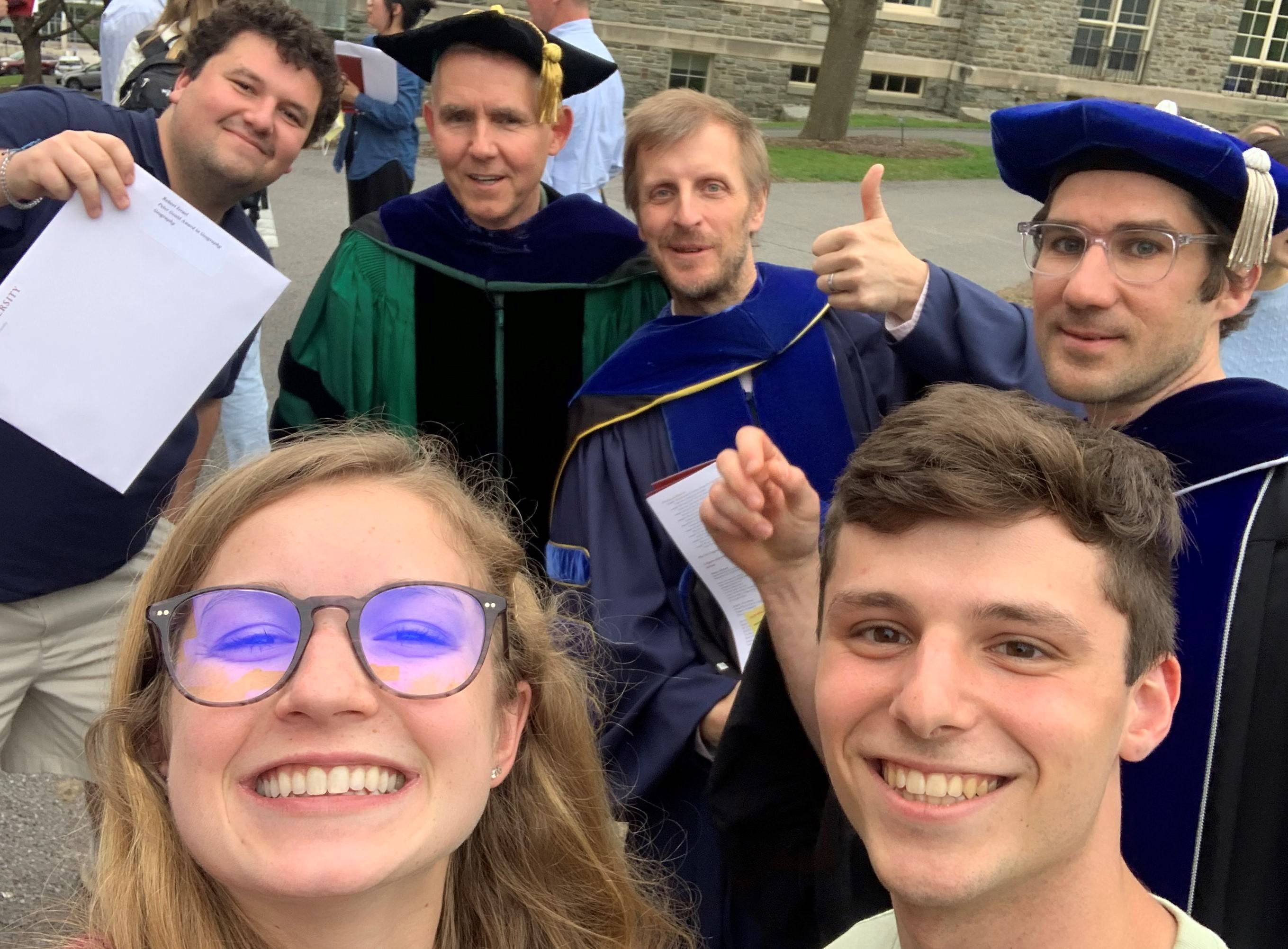 Geography Department faculty and awards winners.  (l-r) Rob Israel '22, Professor Adam Burnett, Joseph Berberich '24, Professor Peter Scull, Emily Balog '24, Professor Michael Loranty.  Missing: Anna Duerr '22.