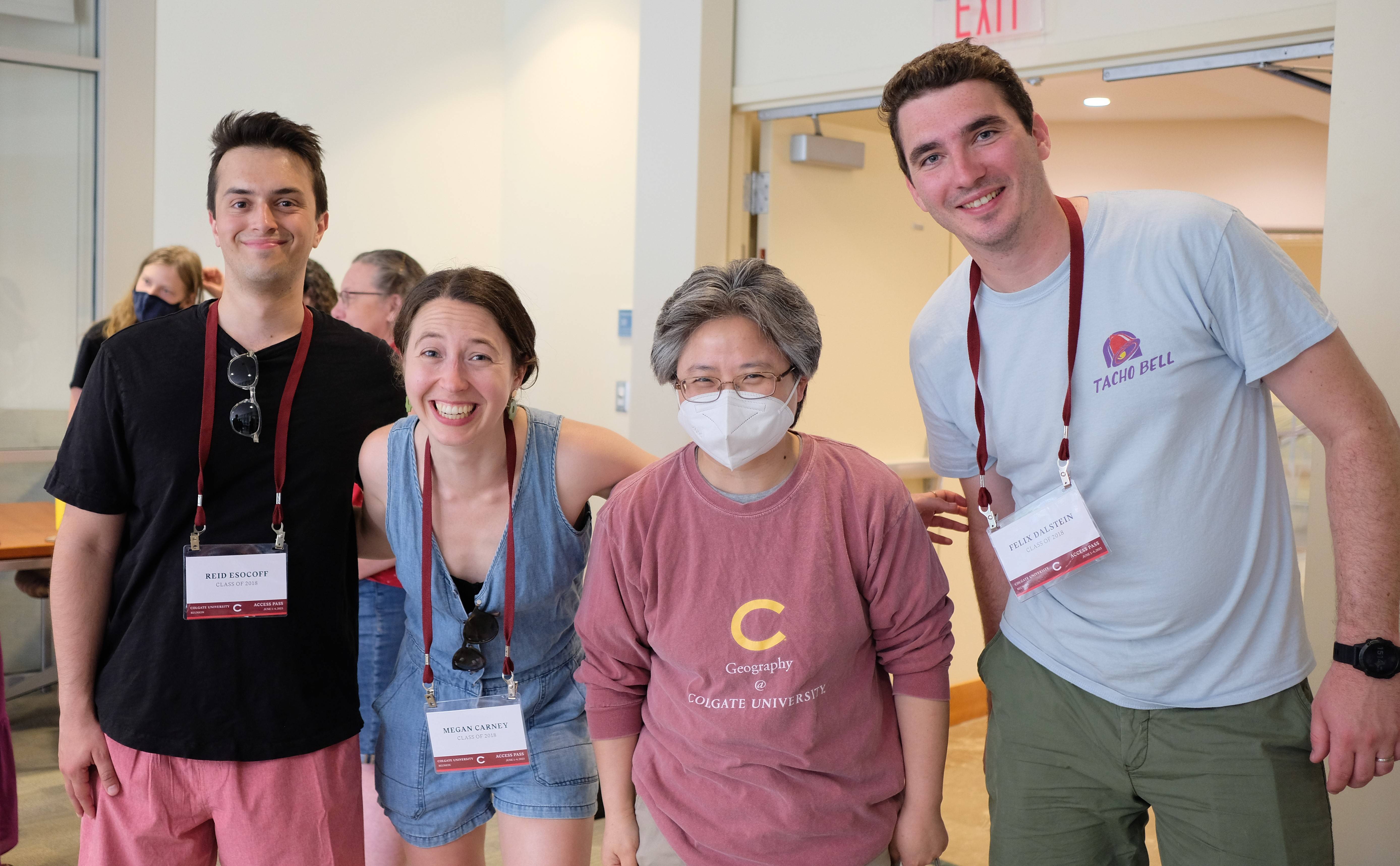 2023 Geography Alumni Reunion Event.  L-R:Reid Esocoff ’18, Megan Carney ’18, Myongsun Kong, Felix Dalstein ’18.