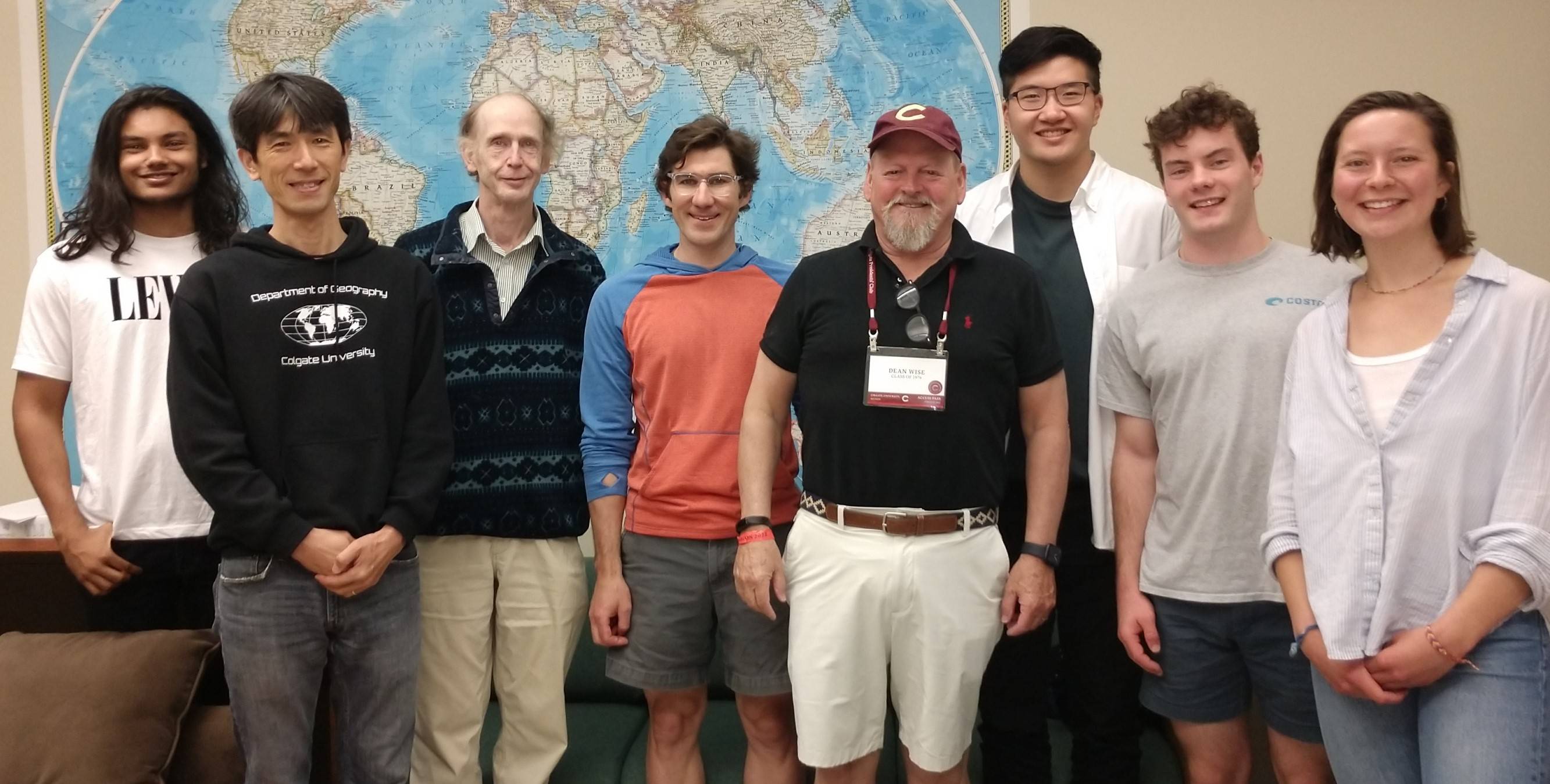 Dean Wise ’76 with Department of Geography summer research students. (Left to right) Aryaman Chobey ’25, Professor Daisaku Yamamoto, Professor Bill Meyer, Professor Mike Loranty, Dean Wise ’76, Tingkuan Hsieh ’24, Thomas Butler ’24, and Sophie Schadler ’23. 