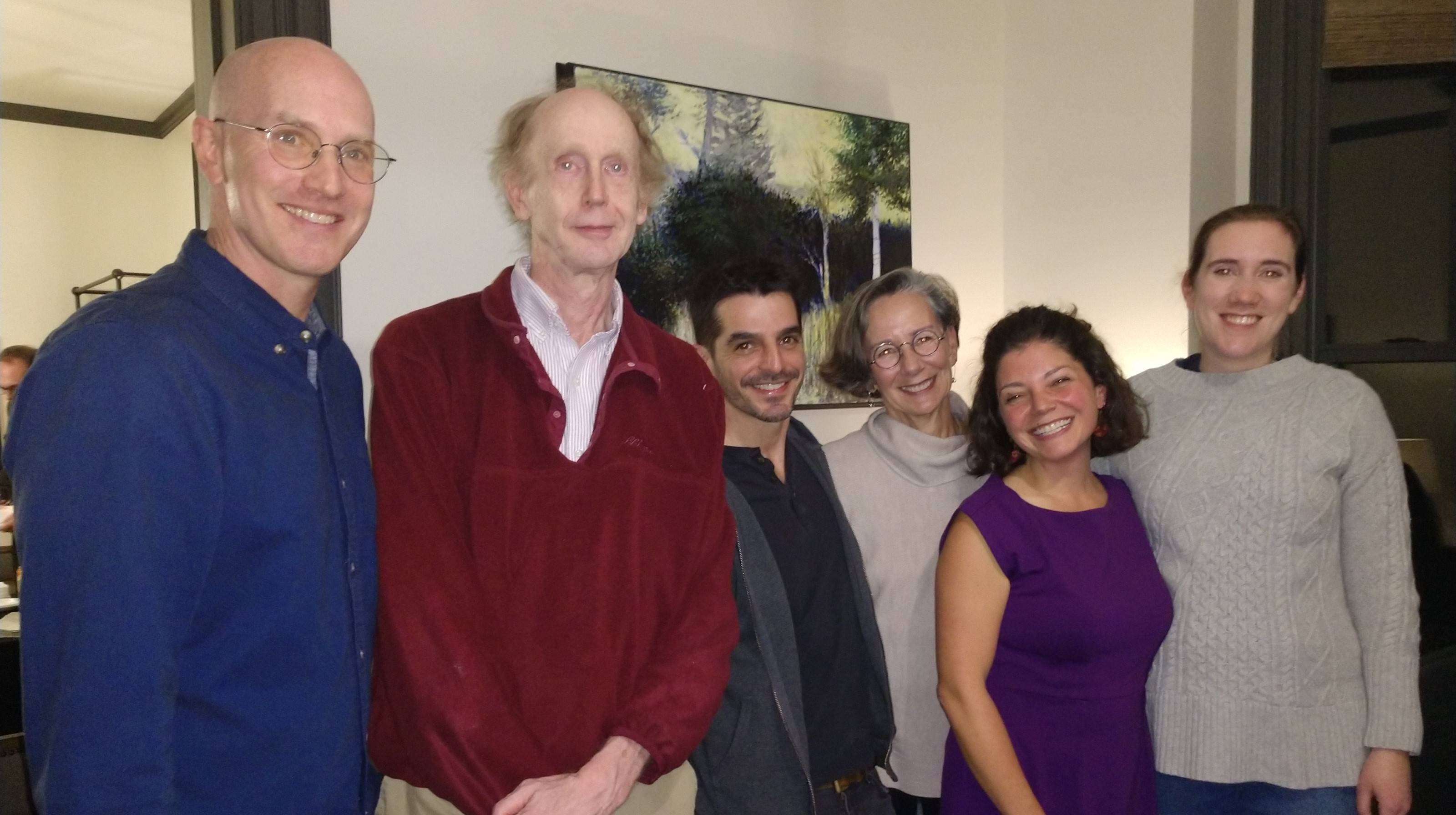 Geography professors at launch of Professor Mitchell-Eaton's book (L-R): Peter Klepeis, William Meyer, Teo Ballve, Maureen Hays-Mitchell, Emily Mitchell-Eaton and Madeline Hamlin.