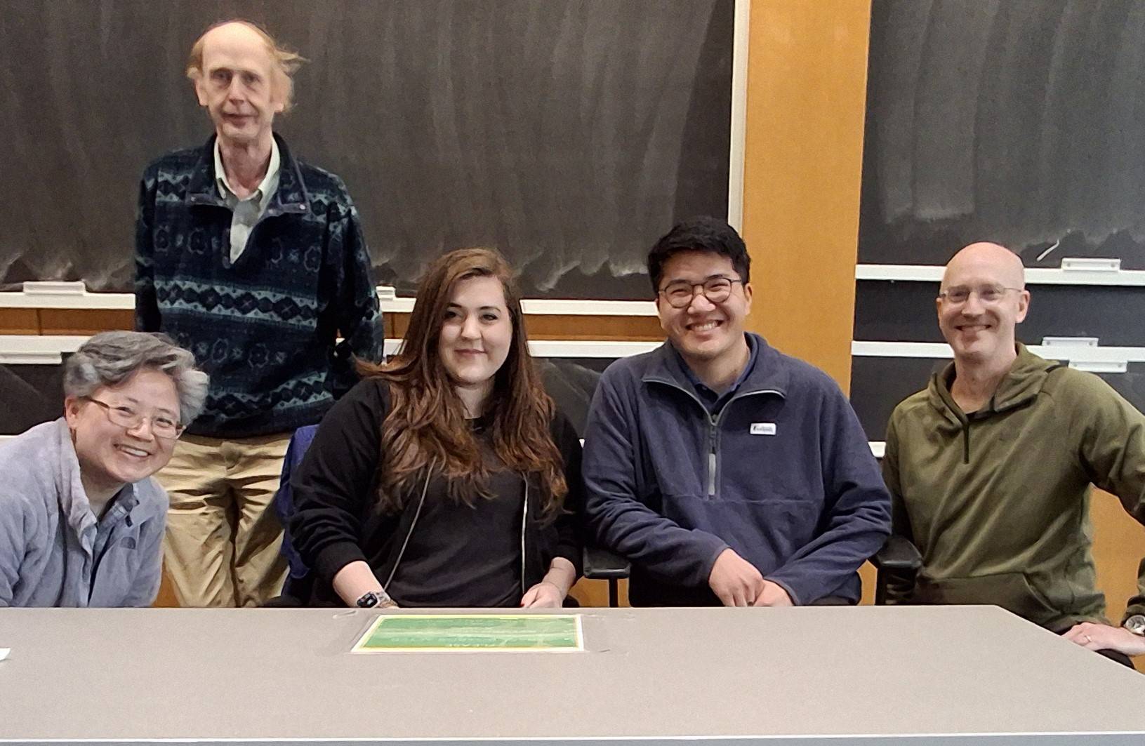 Faculty and staff at Rachel and Tingkuan's return to Colgate: Myongsun Kong, Professor William Meyer, Rachel Ulm '21, Tingkuan Hsieh '24, Professor Peter Klepeis