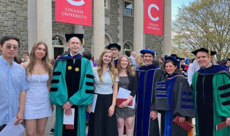 L-R: Jason Qian '24, Sophia Ceconi '26, Professor William Meyer, Emily Balog '24, Prof Daisaku Yamamoto, Katrina Wright '26, and Professors Mike Loranty, Emily Mitchell-Eaton, and Adam Burnett after the 2024 Honors Convocation. 