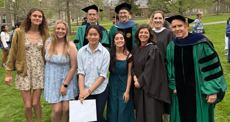 Geog faculty with awards winners, 2025.  L-R:  Gaeli Keffer-Scharpf ’27, Jenna Galla ’27, Barbara Gonzales Fuentes ’25; and Elaine Zhou ’25 with profs William Meyer, Peter Klepeis, Emily Mitchell-Eaton, Madeline Hamlin, and Adam Burnett.