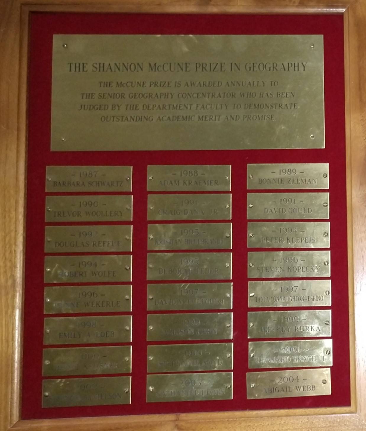 Plaque of Shannon McCune winners