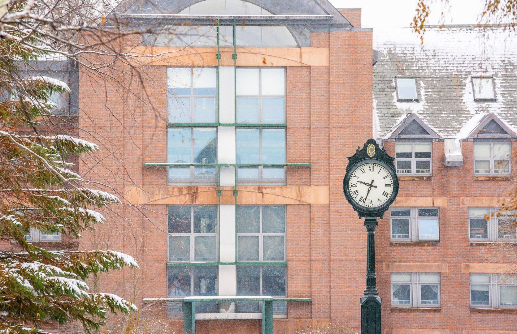 Image of clock outside Drake Hall