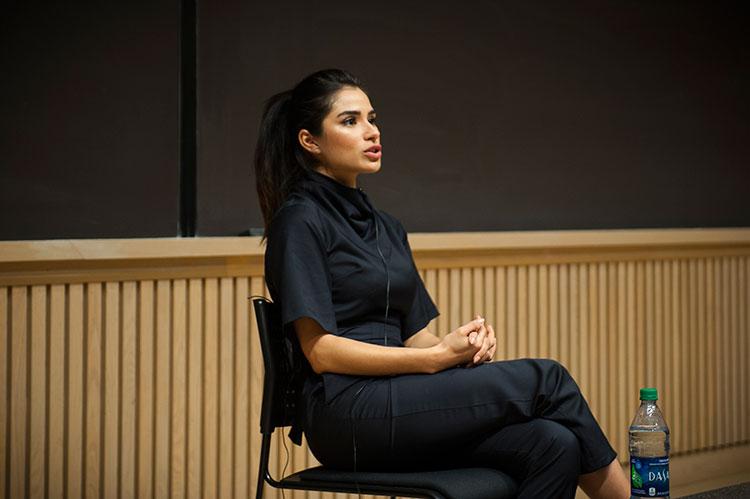 Actress Diane Guerrero speaks to students in Love Auditorium.