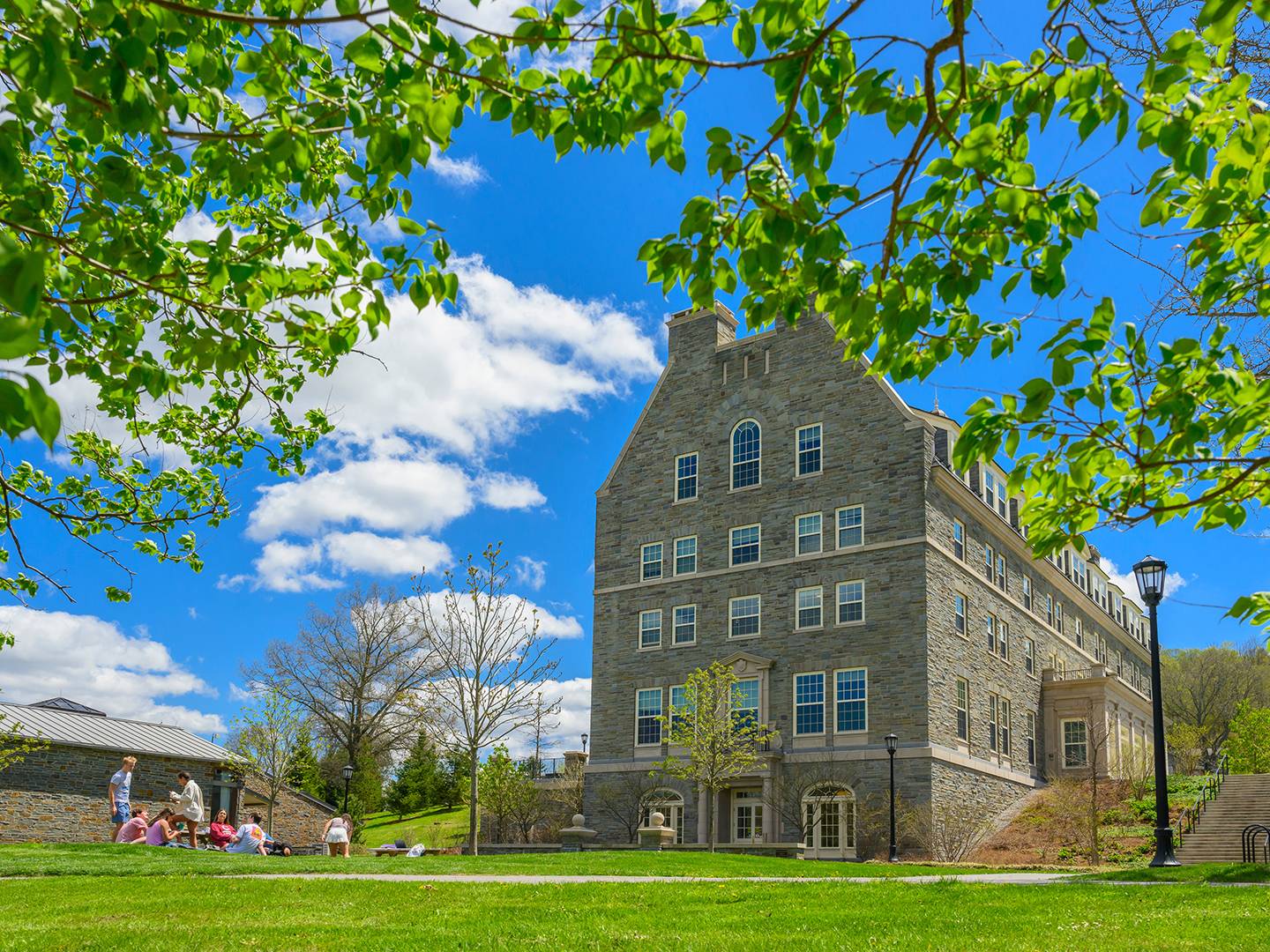 Students gather in front of residence hall on a spring day