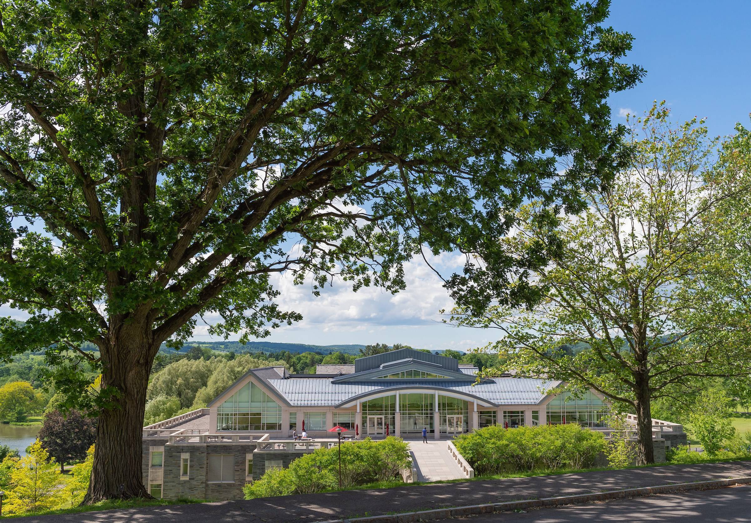 A view of Case-Geyer Library in summertime