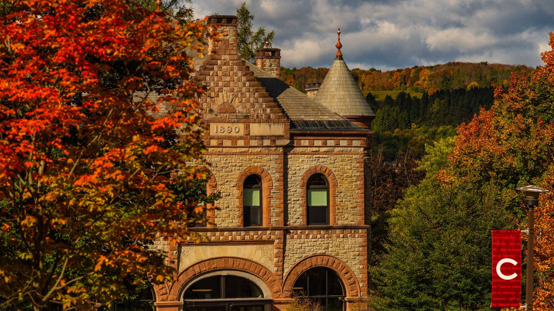 James B. Colgate Hall with autumn foliage