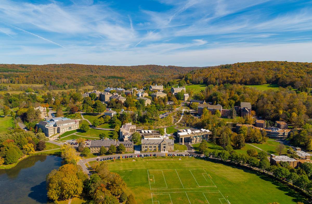 An aerial drone view of campus on a sunny fall day. 