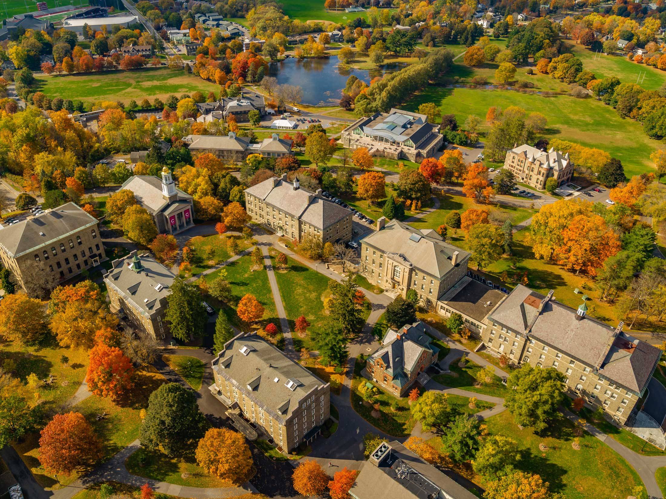 Aerial of campus in autumn