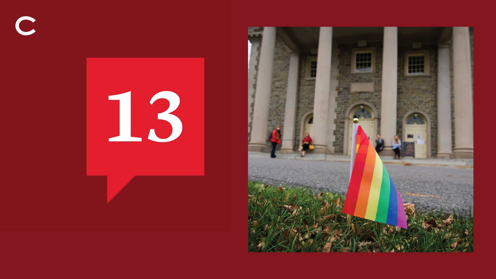 A photo of an LGBTQ pride flag in front of the Memorial Chapel 