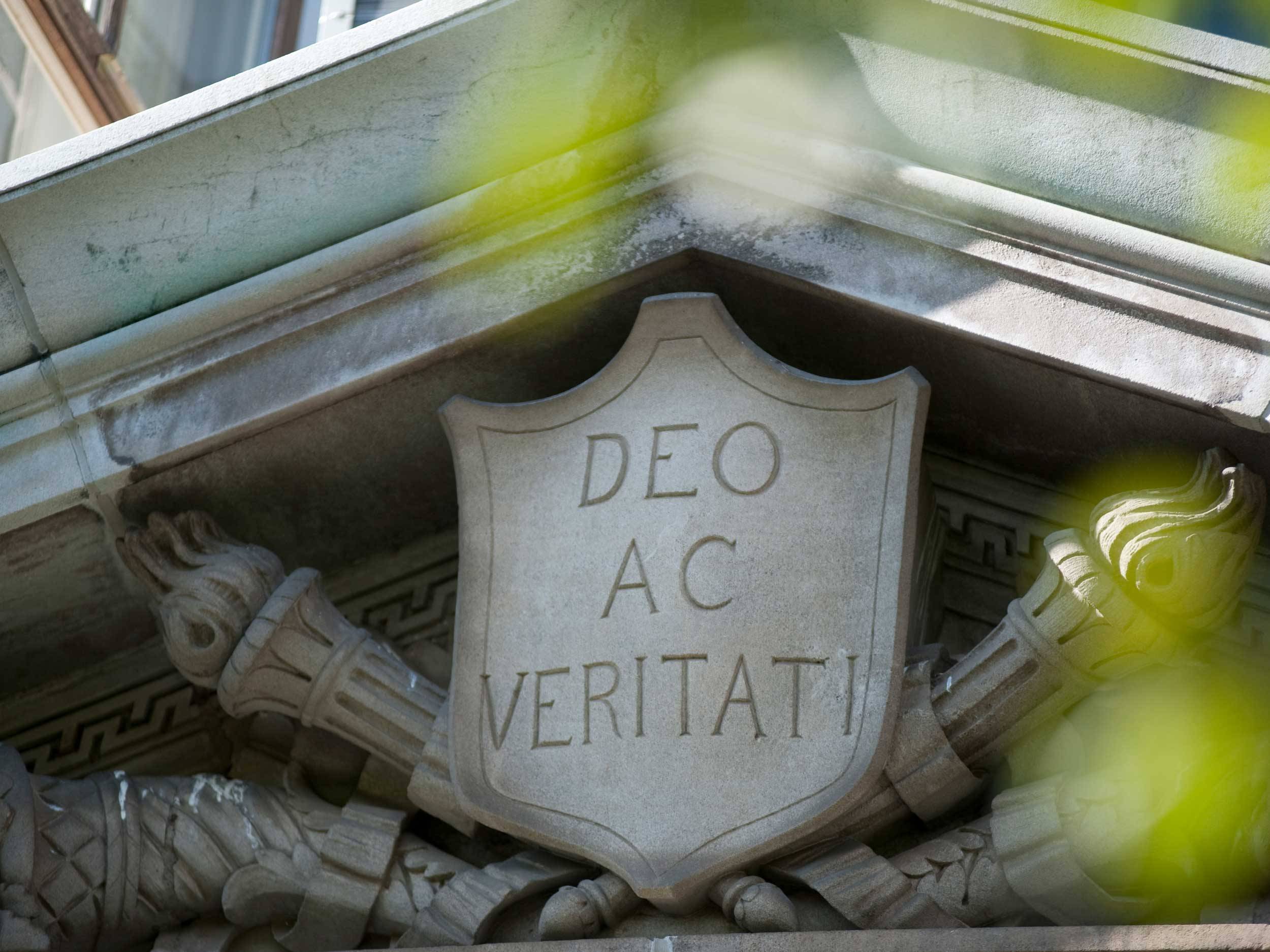 architectural detail of shield with Deo Ac Veritati