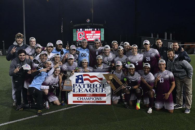 Men's soccer team portrait after victory in 2017 Patriot League Championship