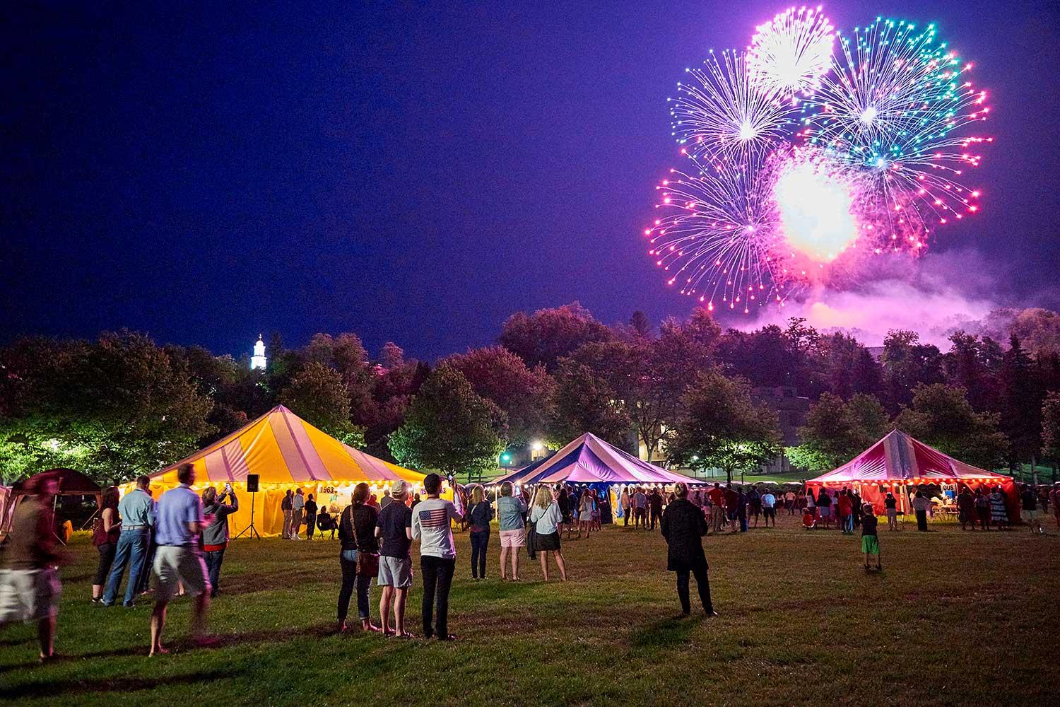Fireworks burst over tents at Reunion 2018