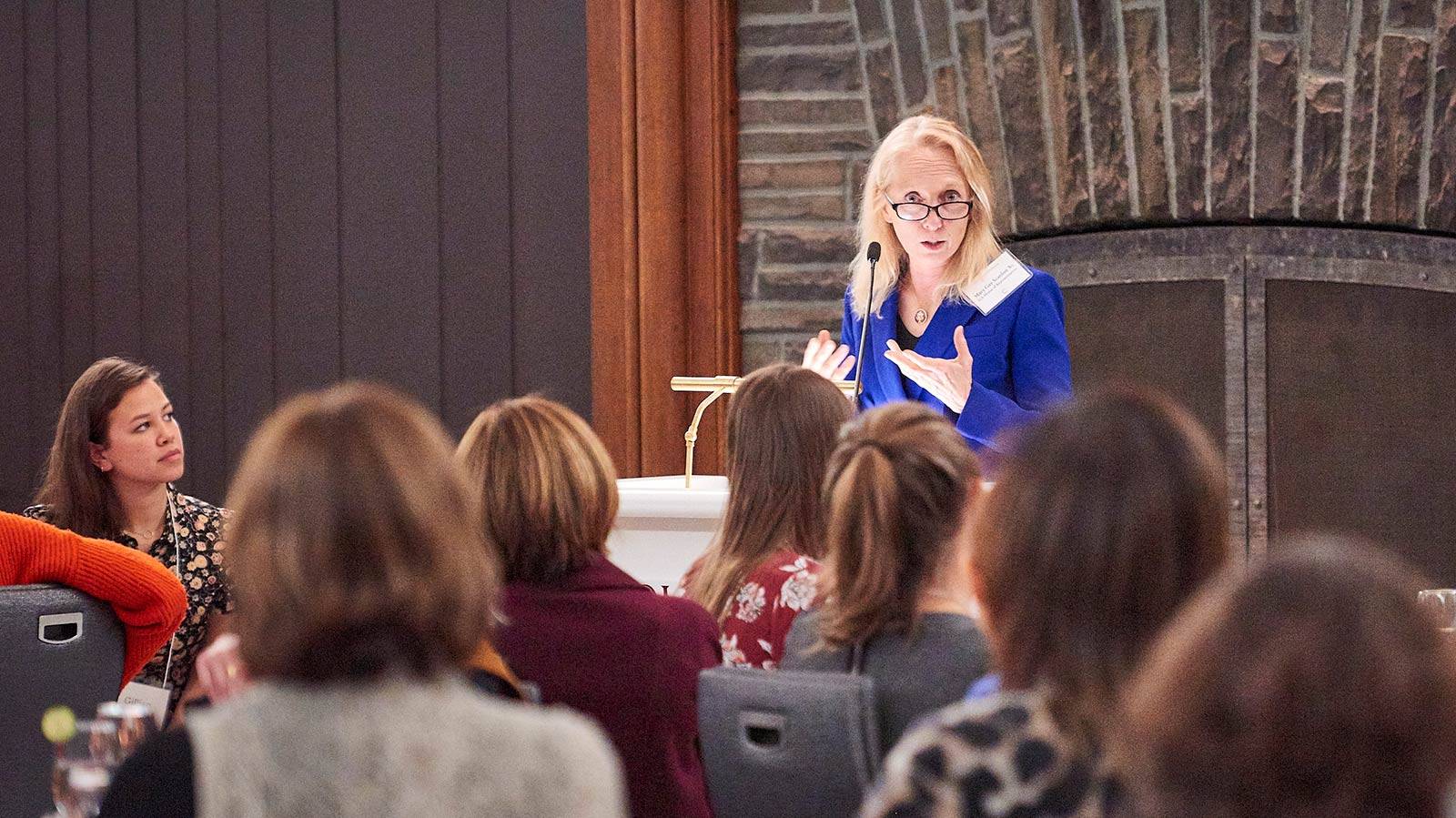 Congresswoman Mary Gay Scanlon ’80 speaks from a podium