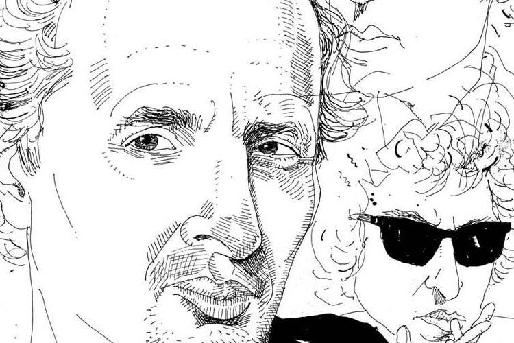 Illustration of Professor Peter Balakian and Bob Dylan in the background.