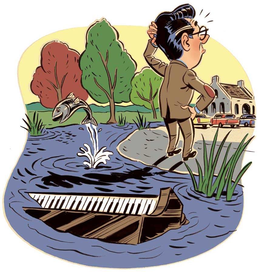 Cartoon of puzzled man with a piano in Taylor Lake behind him