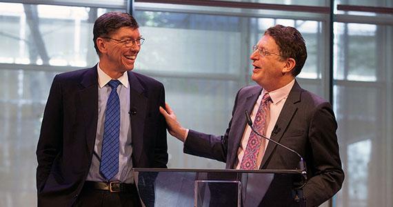 Clayton Christensen and Colgate President Jeffrey Herbst following the Innovation + Disruption symposium keynote.