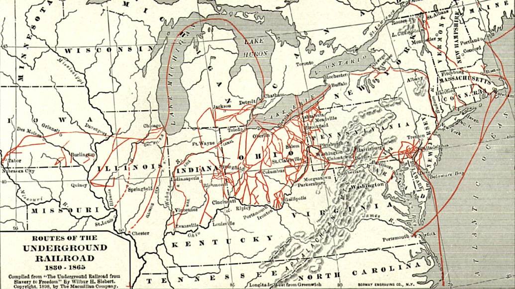 A map depicting routes of the Underground Railroad 1830-1865