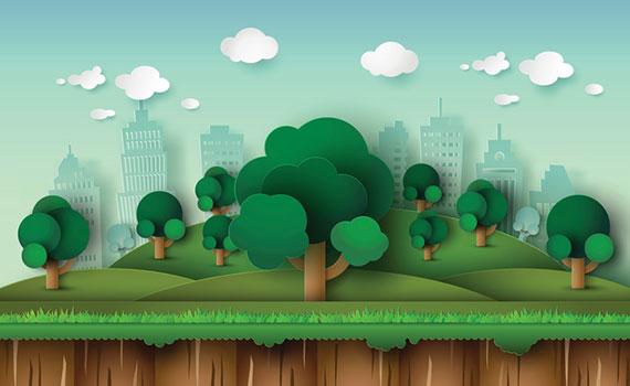Illustration of trees in front of a cityscape