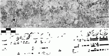 Portion of lunar table, Structure 10K-2, Xultun, Guatemala. [Image by W. Saturno, drawing by D. Stuart]