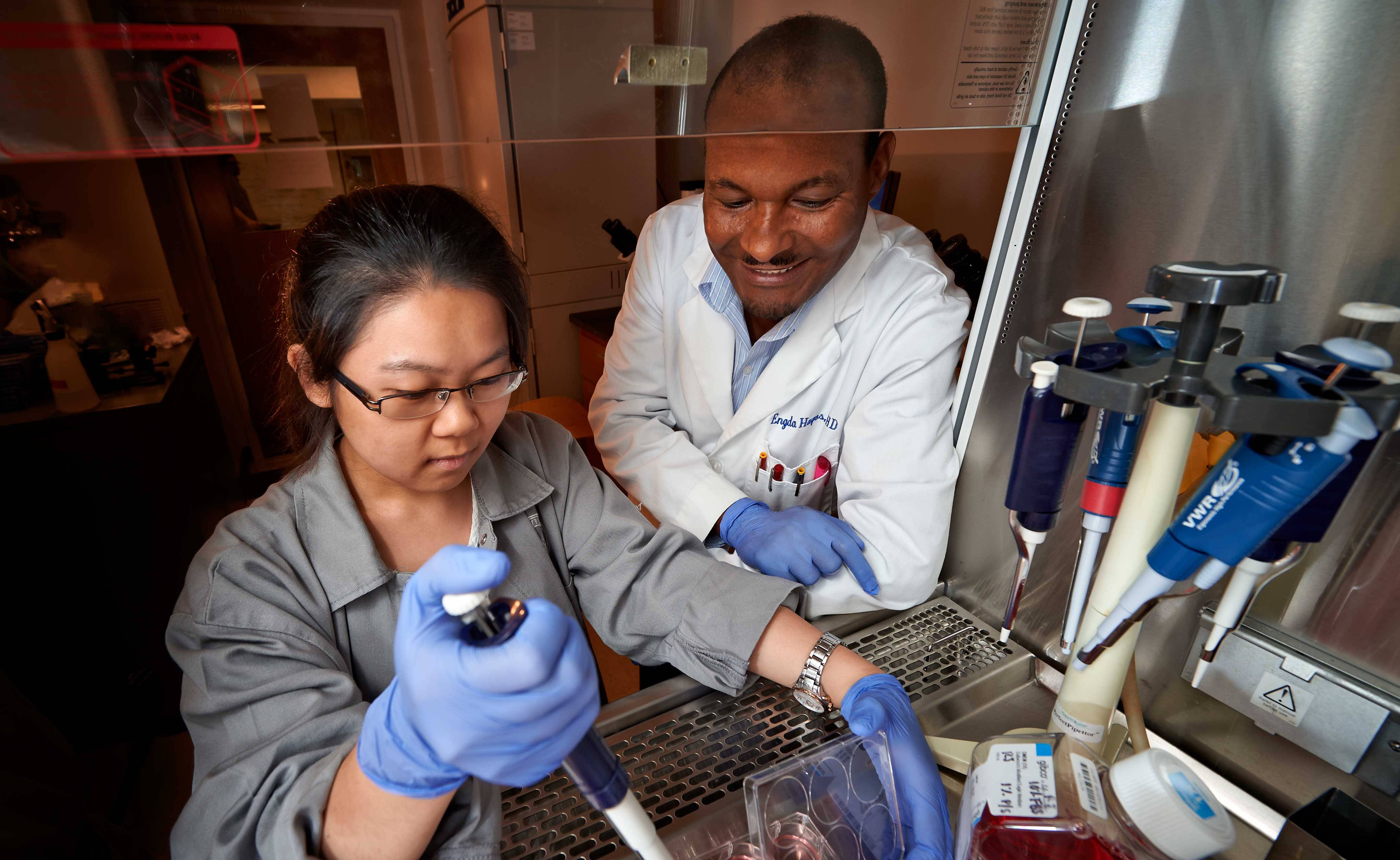 Associate Professor of Biology Engda Hagos works with Changchang Liu ’15 in the summer of 2014