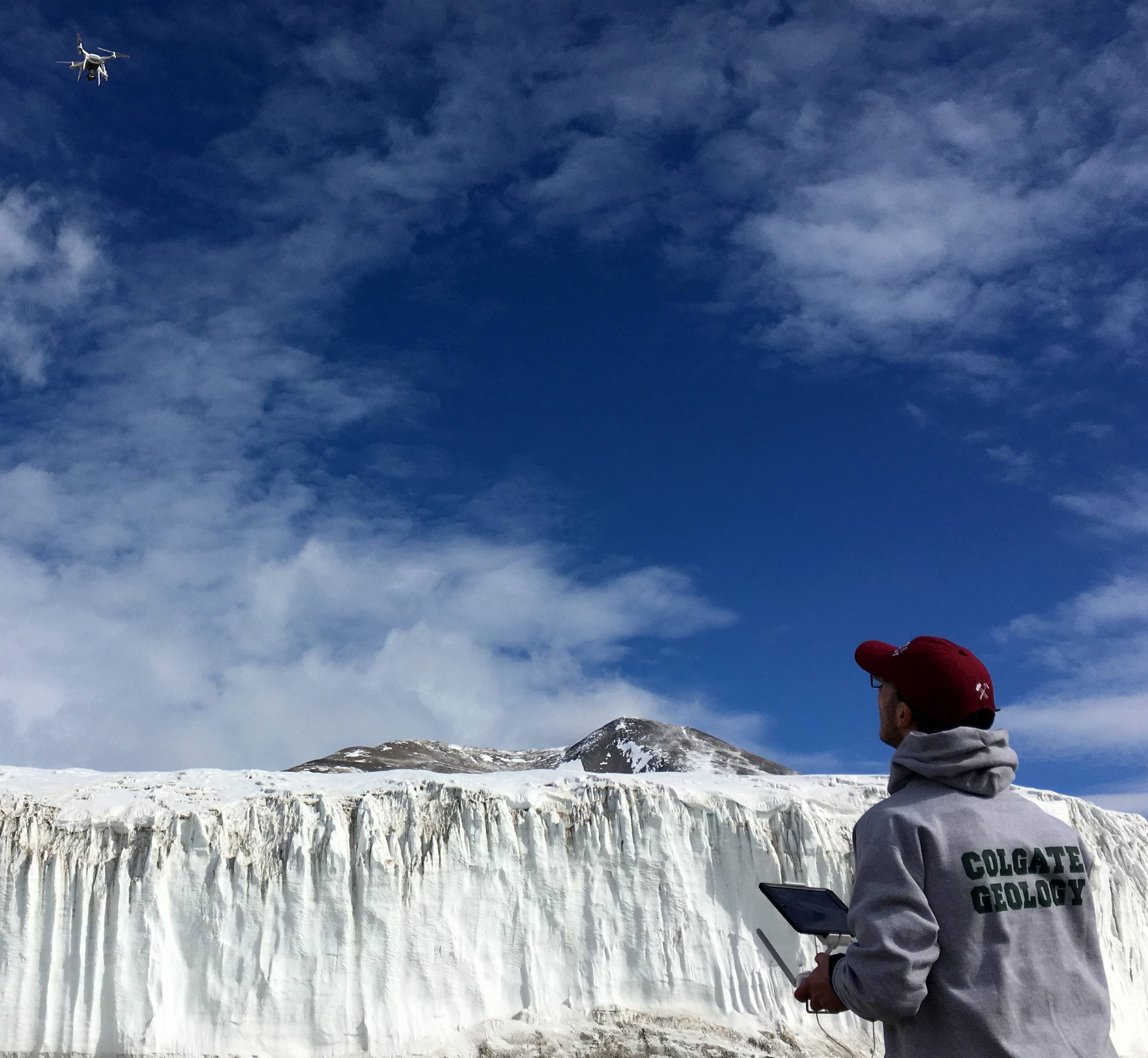 Assistant Professor of Geology Joe Levy flies a drone during a recent trip to Antarctica. 