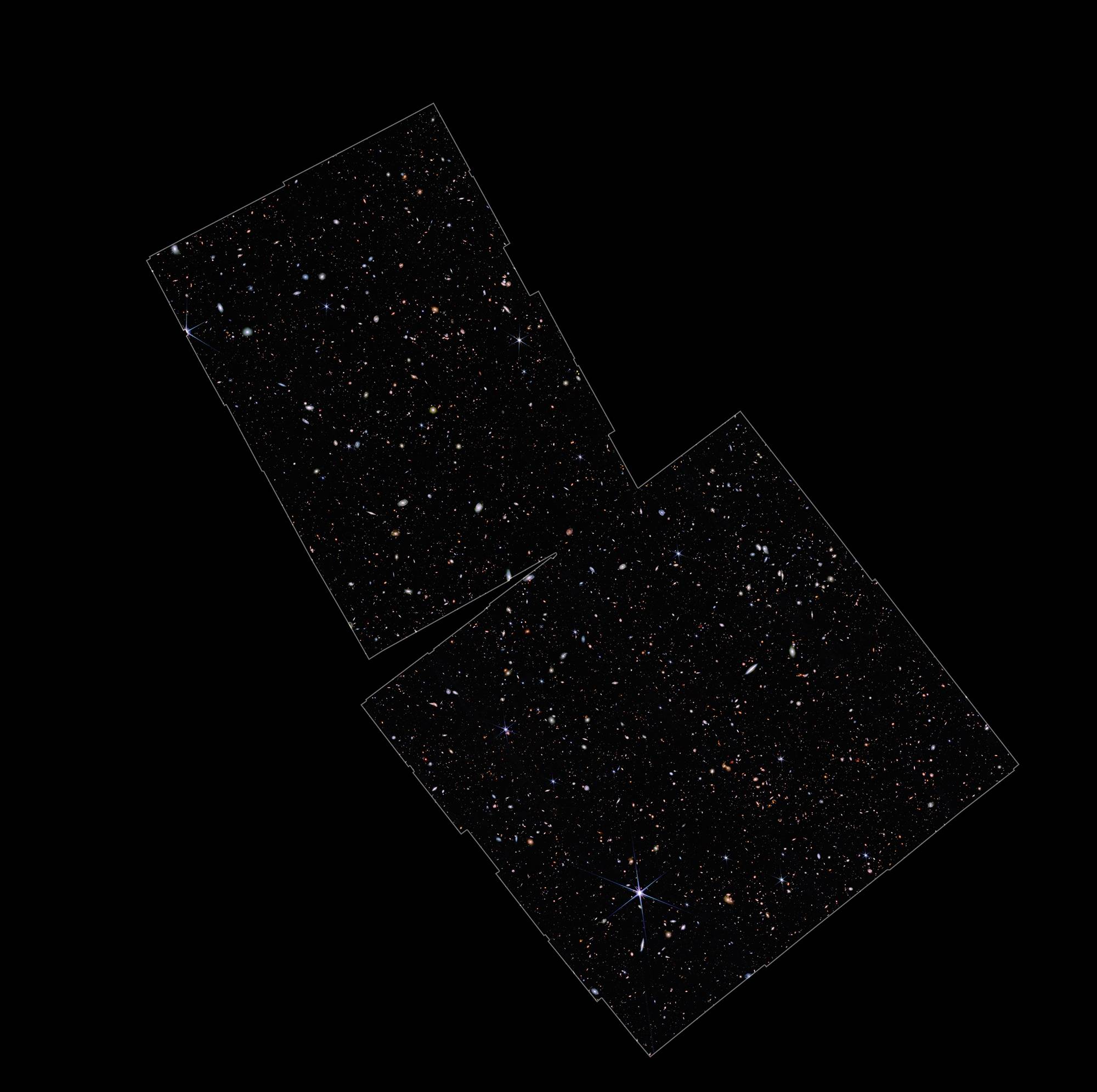 This image taken by the James Webb Space Telescope highlights the region of study by the JWST Advanced Deep Extragalactic Survey (JADES). This area is in and around the Hubble Space Telescope’s Ultra Deep Field. 