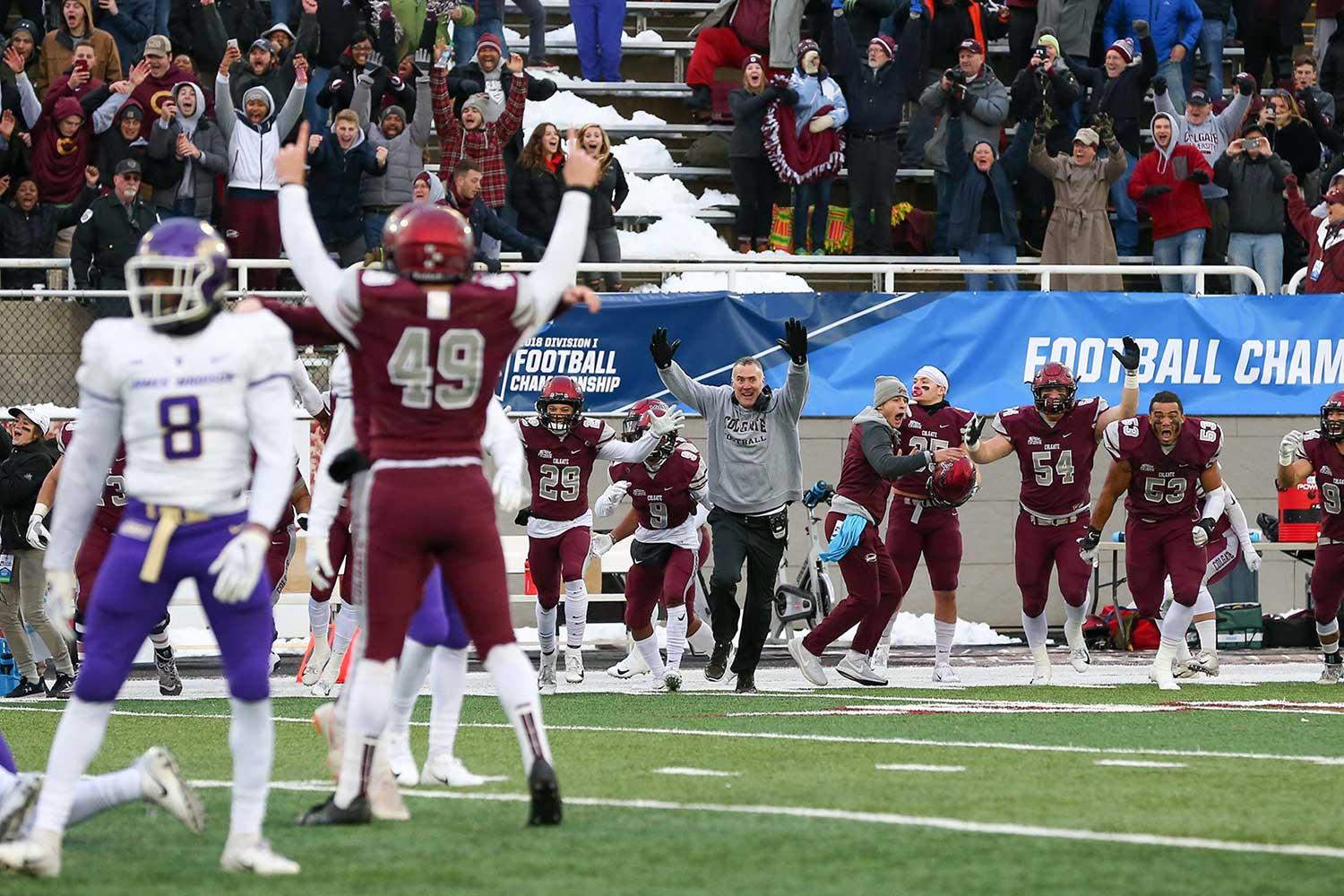 Head Football Coach Dan Hunt and the Raiders football team celebrates a last-minute NCAA playoff victory over James Madison on December 1, 2018.