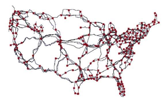 This is a map of the US with red dots representing hubs of the internet