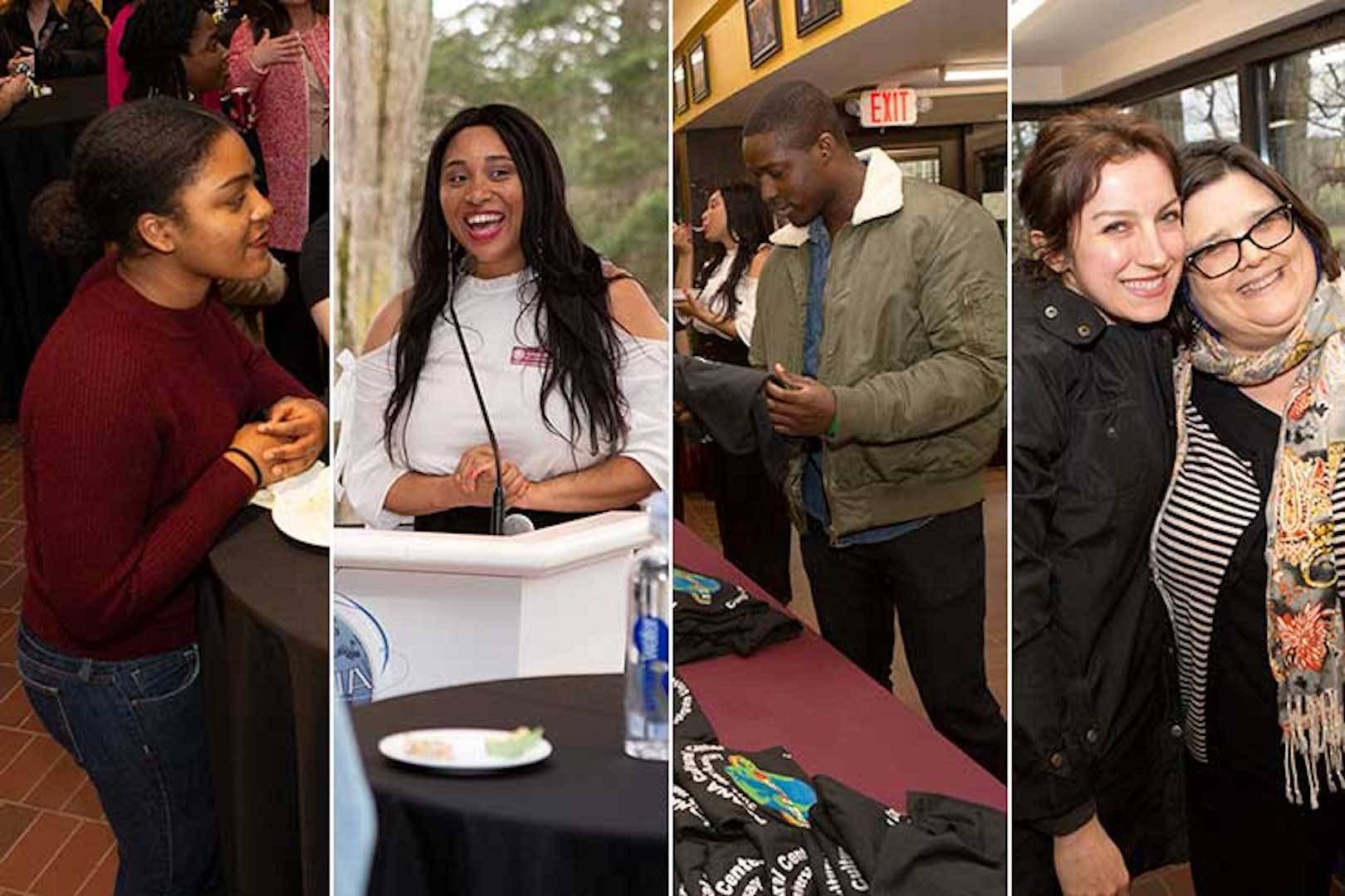 Four pillars of smiling community members. In the first picture, young woman smiles; in the second Leanna Rice gives speech; in the third young adult male chooses T-shirt; in fourth image, two faculty members hug and smile.