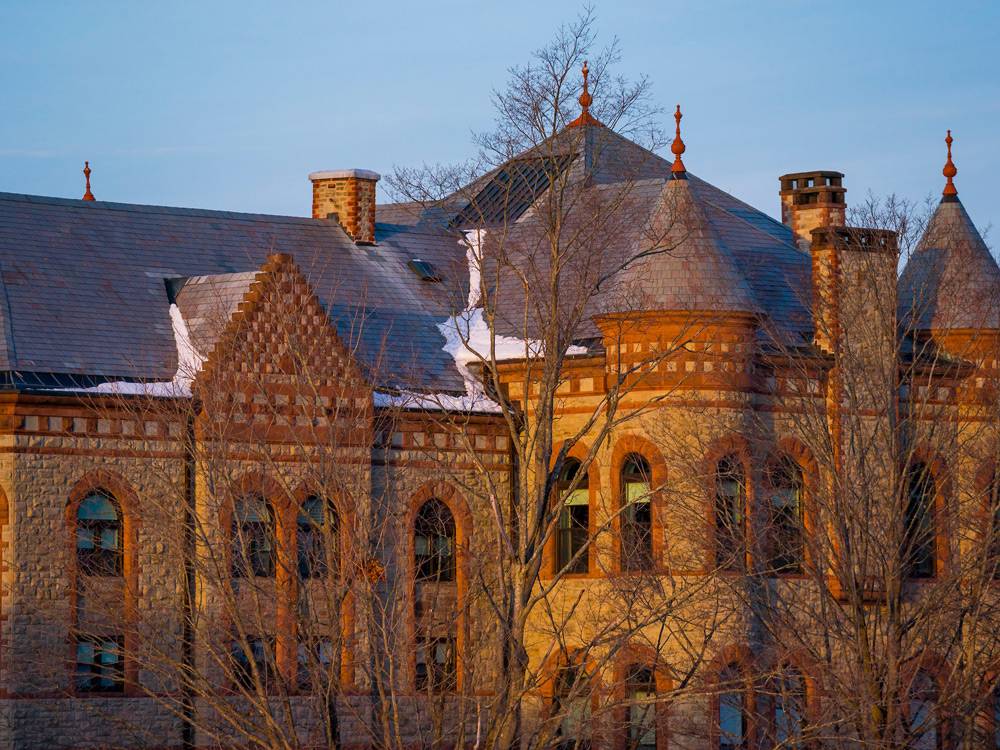 James B. Colgate Hall on a winter day.