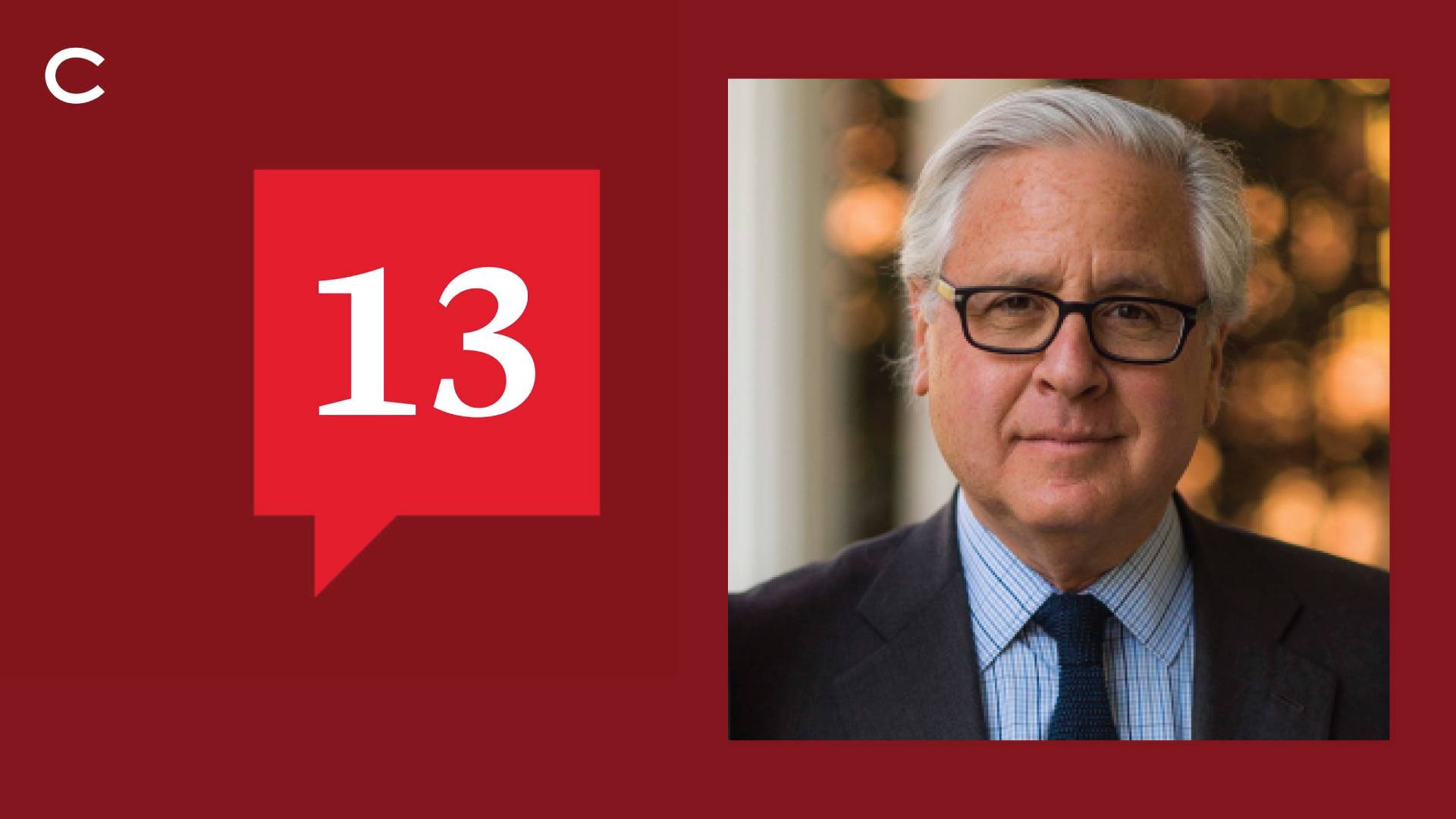 13 Podcast logo in red on maroon with Howard Fineman headshot