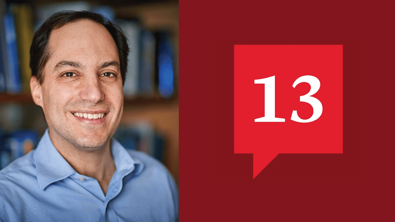 Jonathan Levine in blue with the 13 Podcast logo in red on maroon