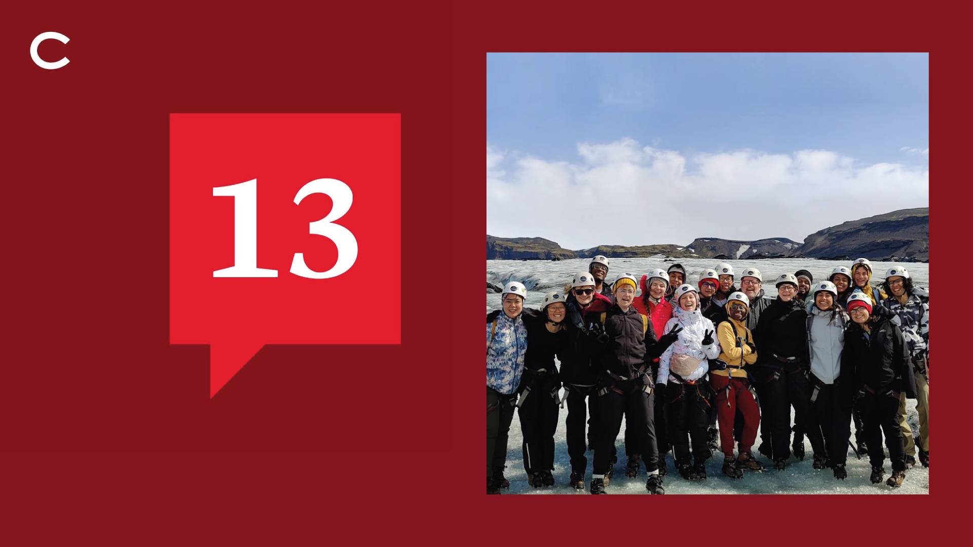 13 icon and group photo of students in Iceland