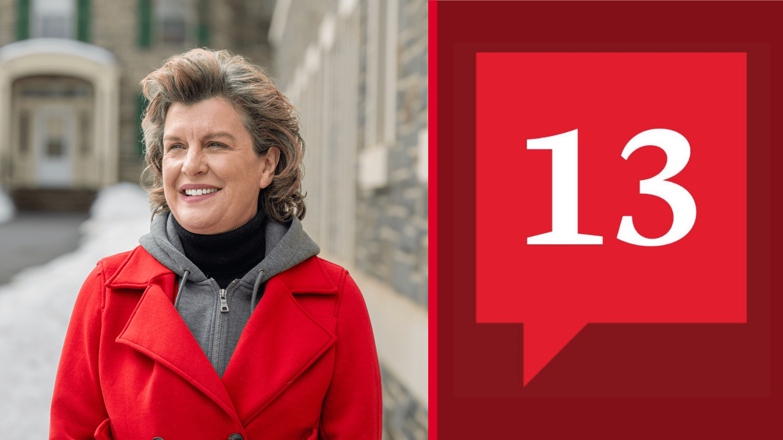 Stephanie Miner walks in a red coat on the right, while the 13 podcast logo is on the left with a maroon background.