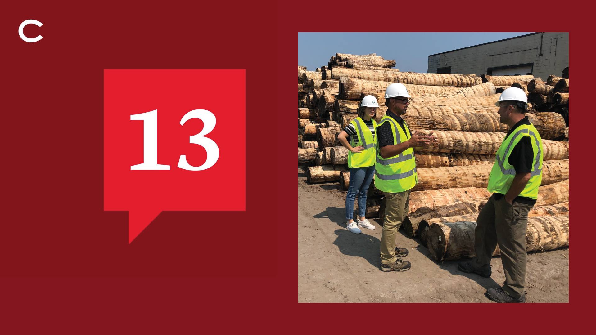 13 podcast logo and photo of staff standing by lumber used for wood chips